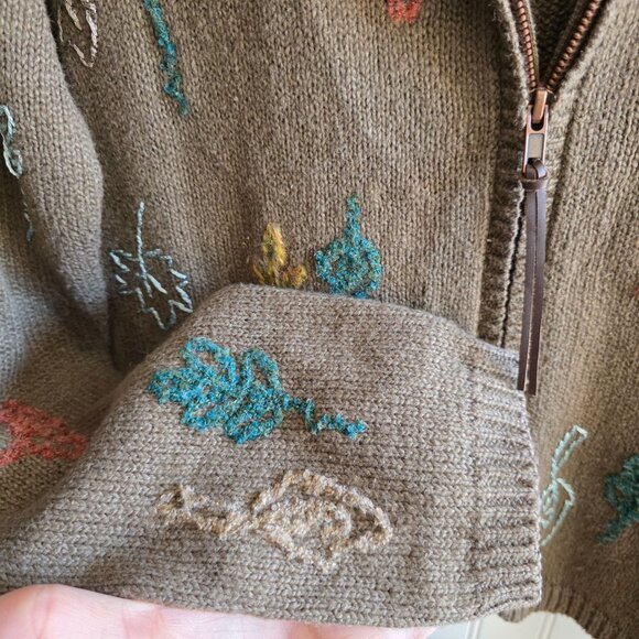 Embroidered Chocolate Brown Cardigan Large Fall Leaves Cottagecore Rustic New - Picture 4 of 9
